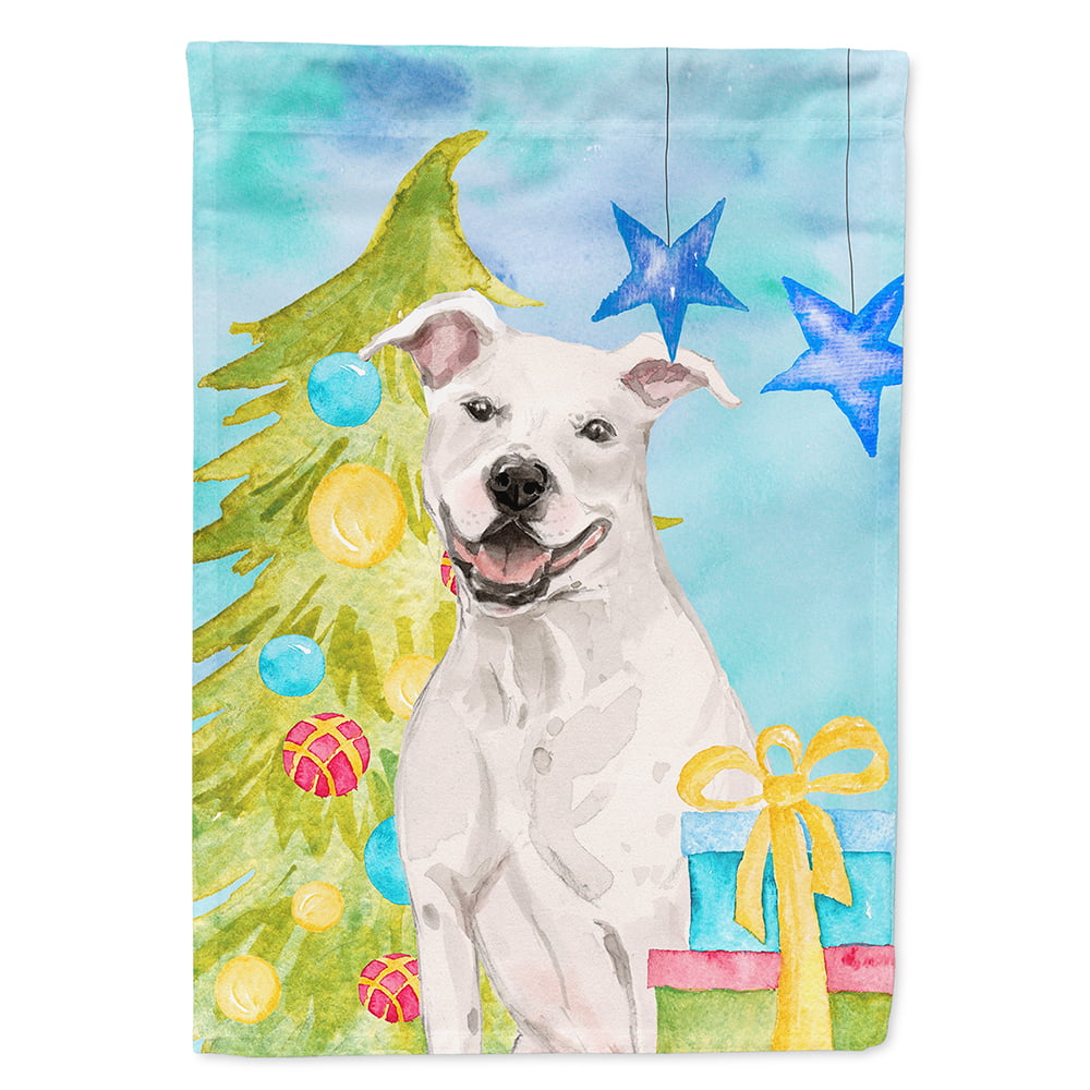 White Staffie Bull Terrier Christmas Flag Canvas House