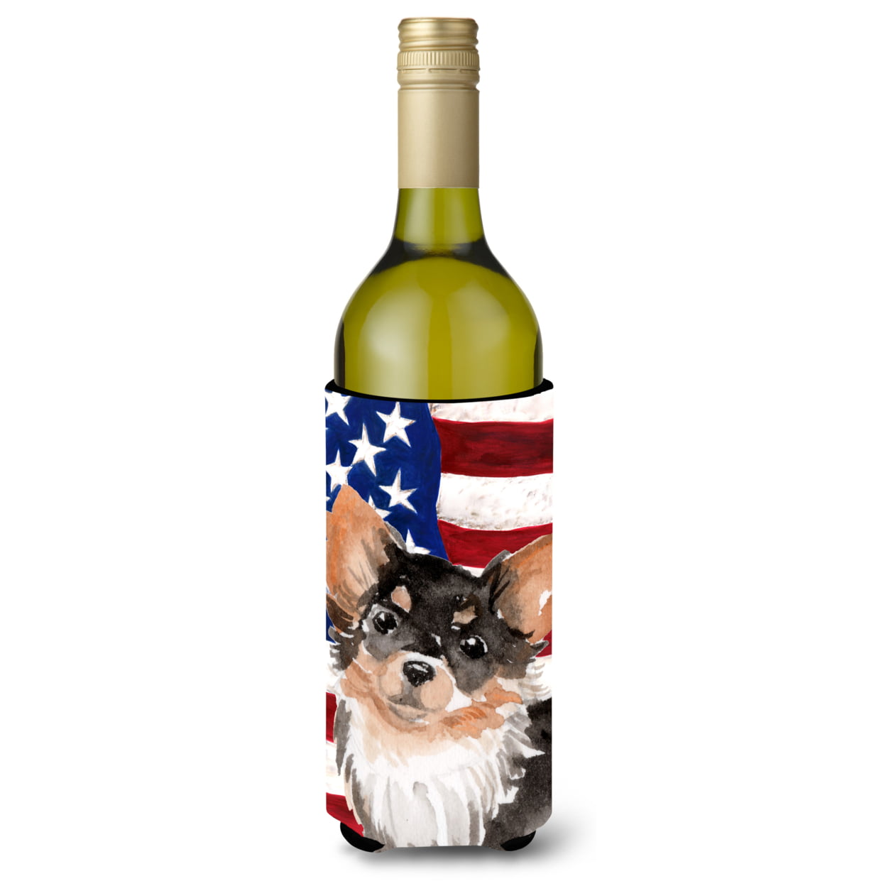 Long Haired Chihuahua Patriotic Wine Bottle Beverge Insulator Hugger