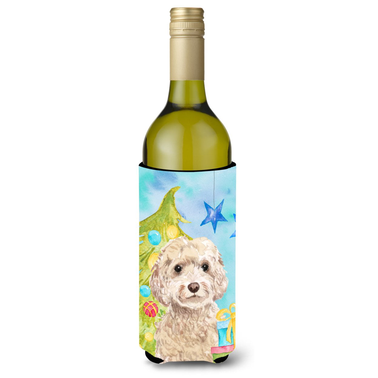 Champagne Cockapoo Christmas Wine Bottle Beverge Insulator Hugger