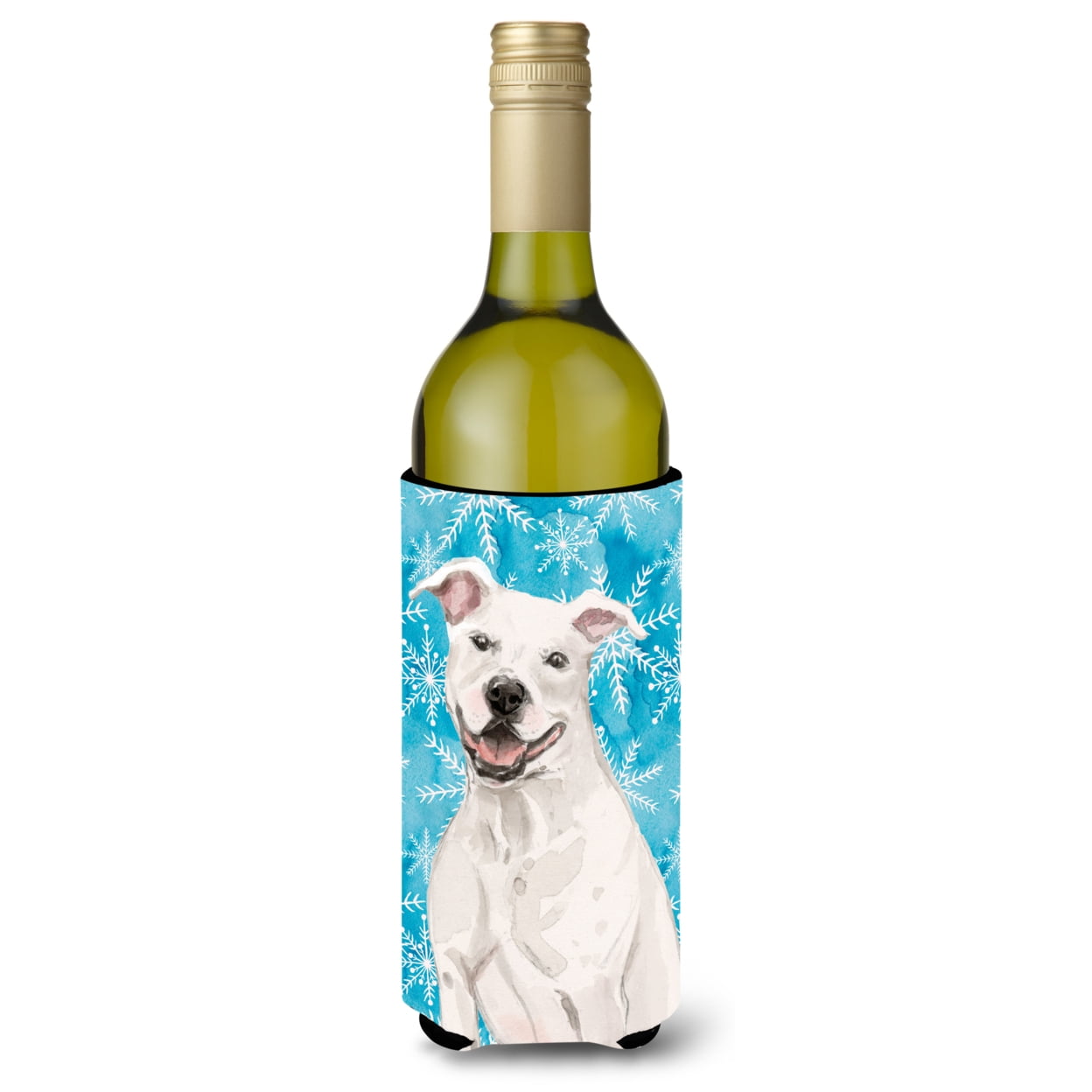 White Staffie Bull Terrier Winter Wine Bottle Beverge Insulator Hugger