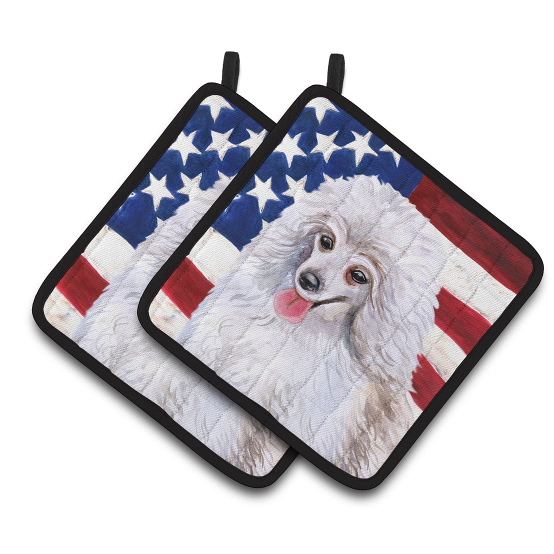 Medium White Poodle Patriotic Pair of Pot Holders