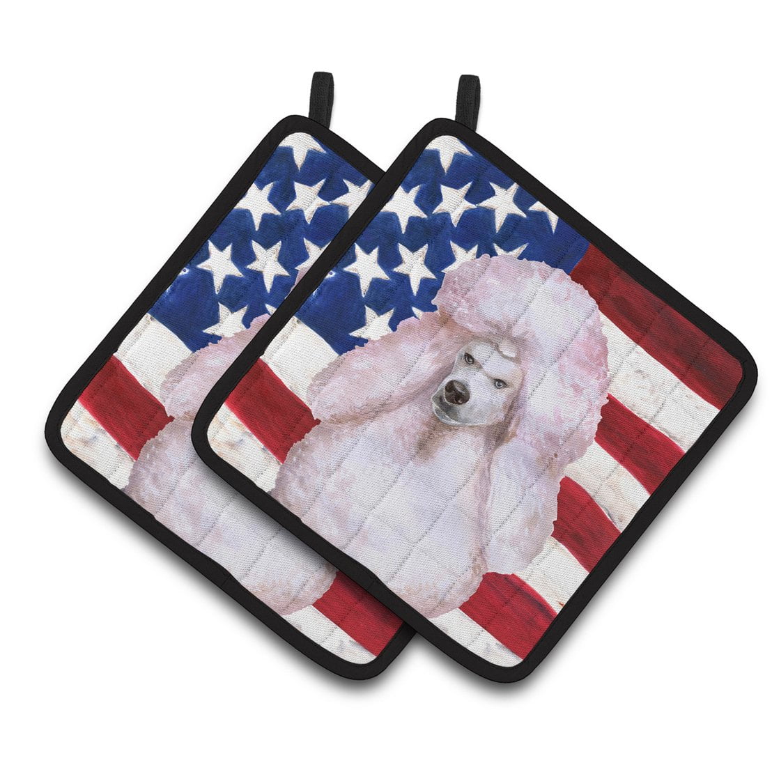 White Standard Poodle Patriotic Pair of Pot Holders