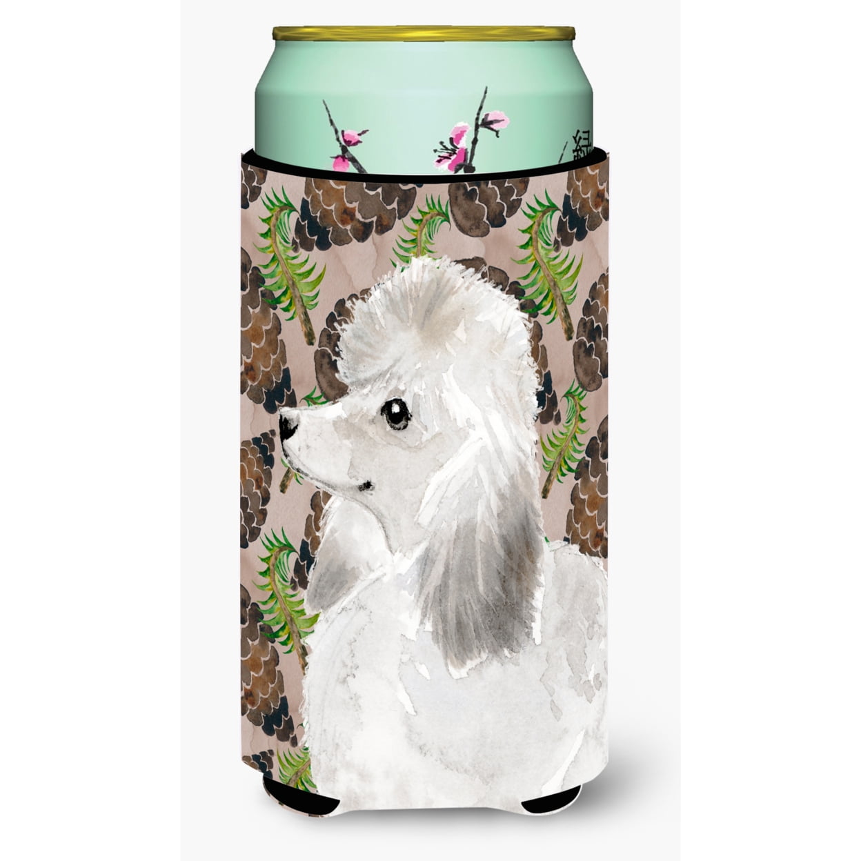 White Standard Poodle Pine Cones Tall Boy Beverage Insulator Hugger