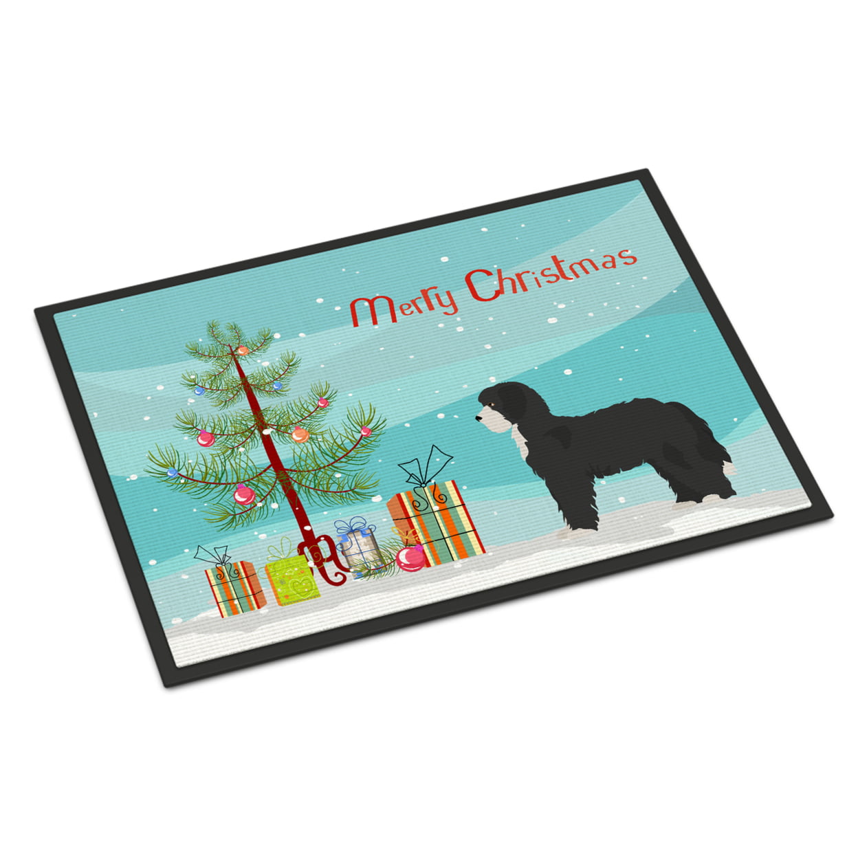 18 x 27 in. Black Sheepadoodle Christmas Tree Indoor or Outdoor Mat
