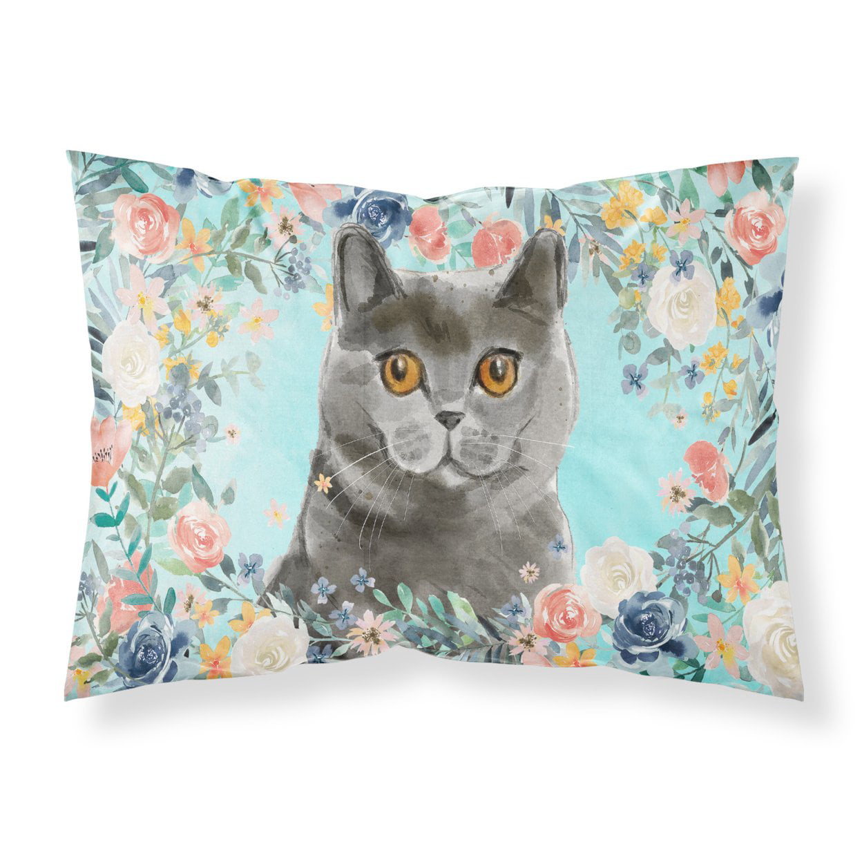 British Shorthair Spring Flowers Fabric Standard Pillowcase