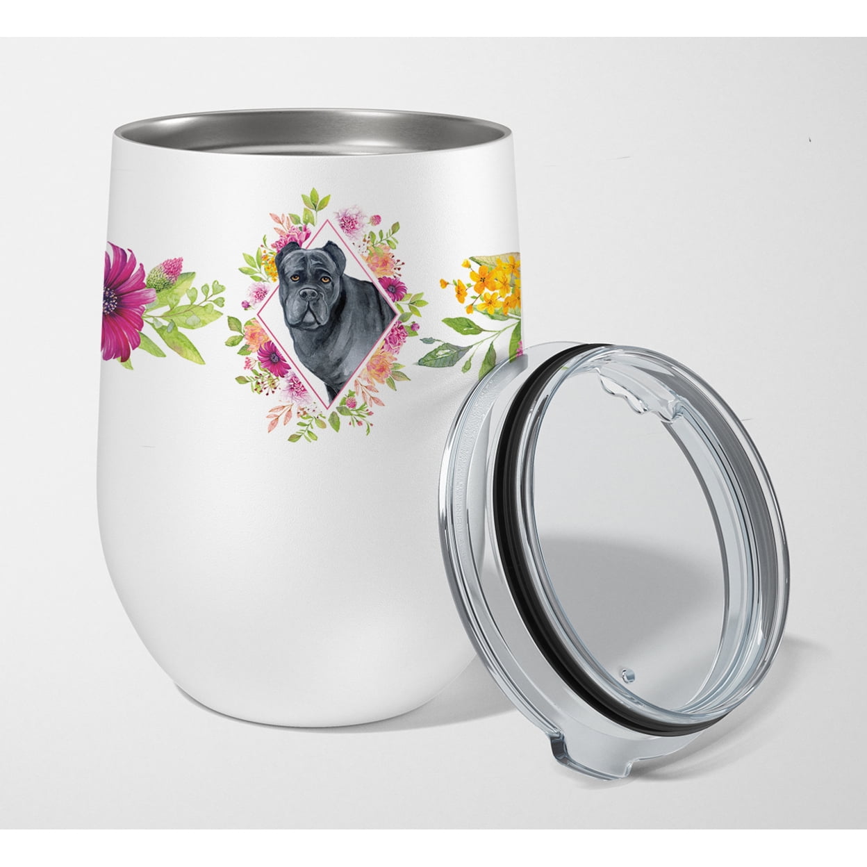 Picture of Carolines Treasures CK4125TBL12 12 oz Cane Corso Pink Flowers Stainless Steel Stemless Wine Glass