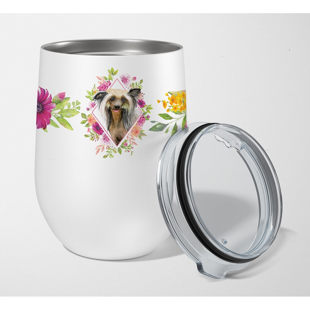 Picture of Carolines Treasures CK4130TBL12 12 oz Chinese Crested Pink Flowers Stainless Steel Stemless Wine Glass
