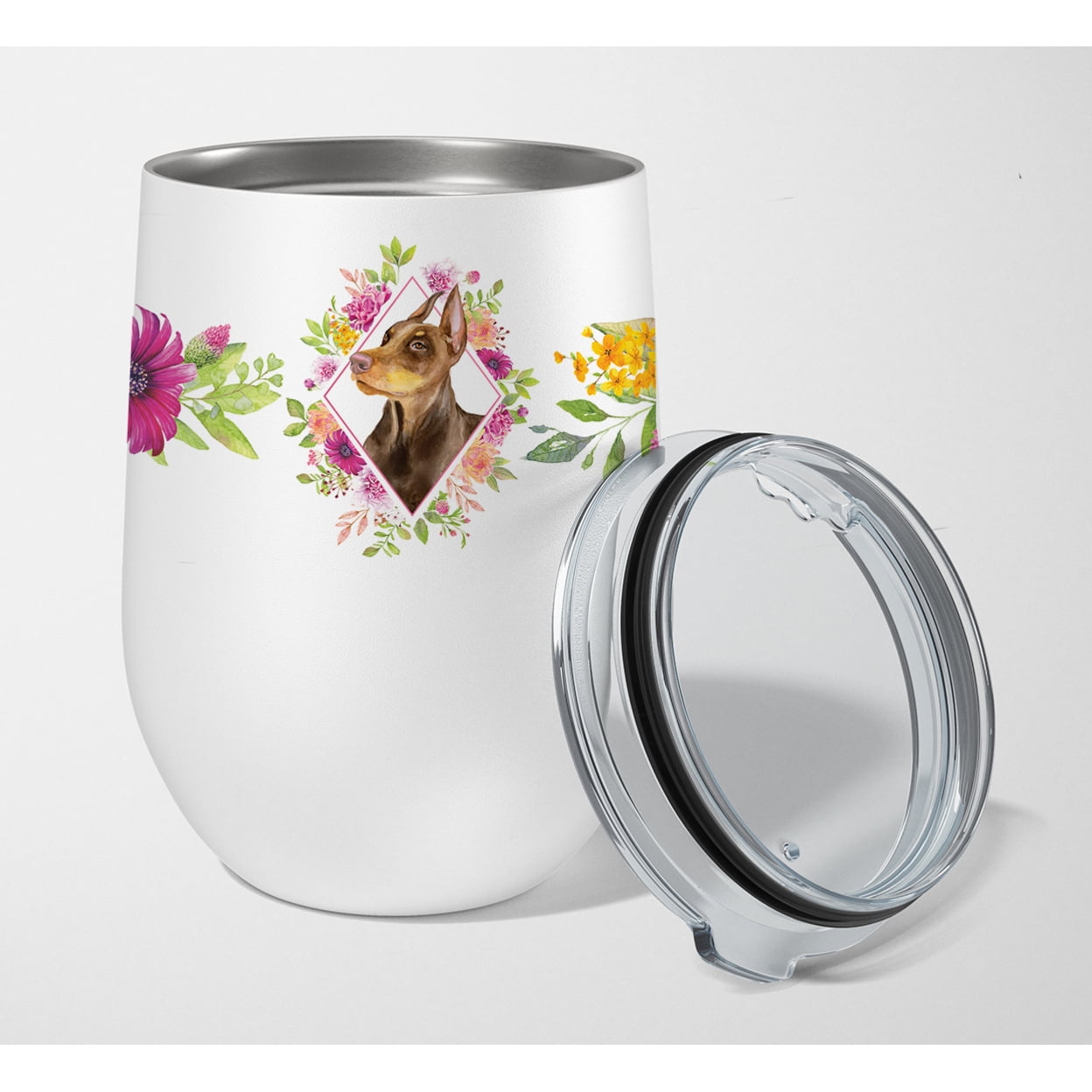 Picture of Carolines Treasures CK4138TBL12 12 oz Doberman Pinscher Pink Flowers Stainless Steel Stemless Wine Glass