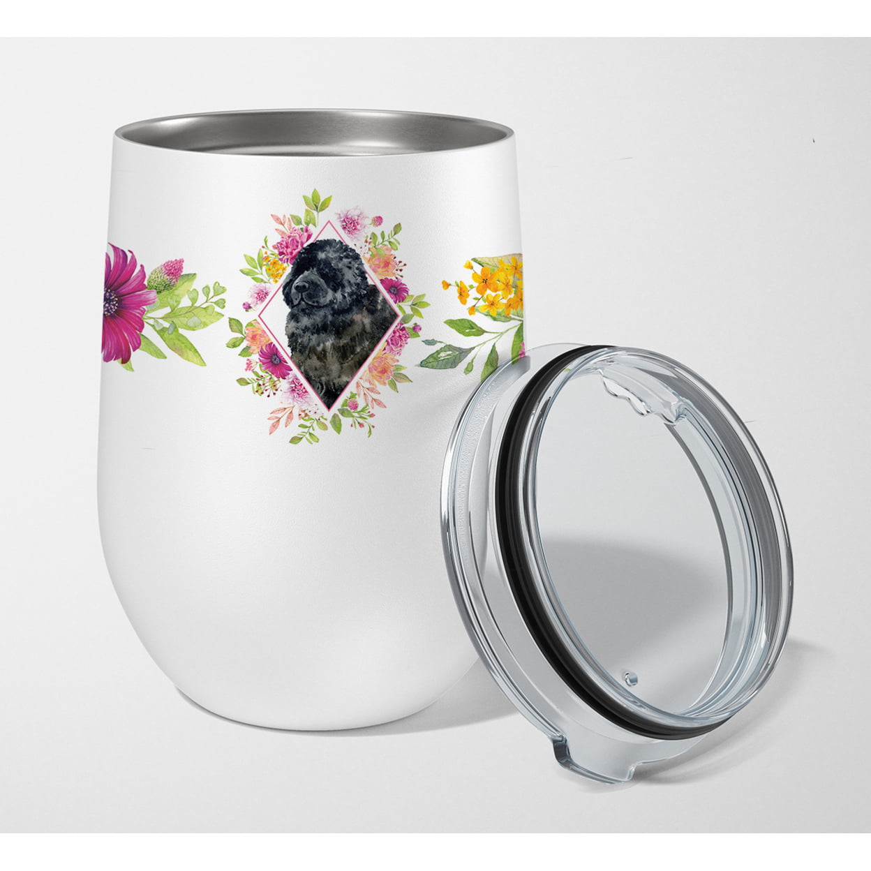Picture of Carolines Treasures CK4163TBL12 12 oz Newfoundland Pink Flowers Stainless Steel Stemless Wine Glass
