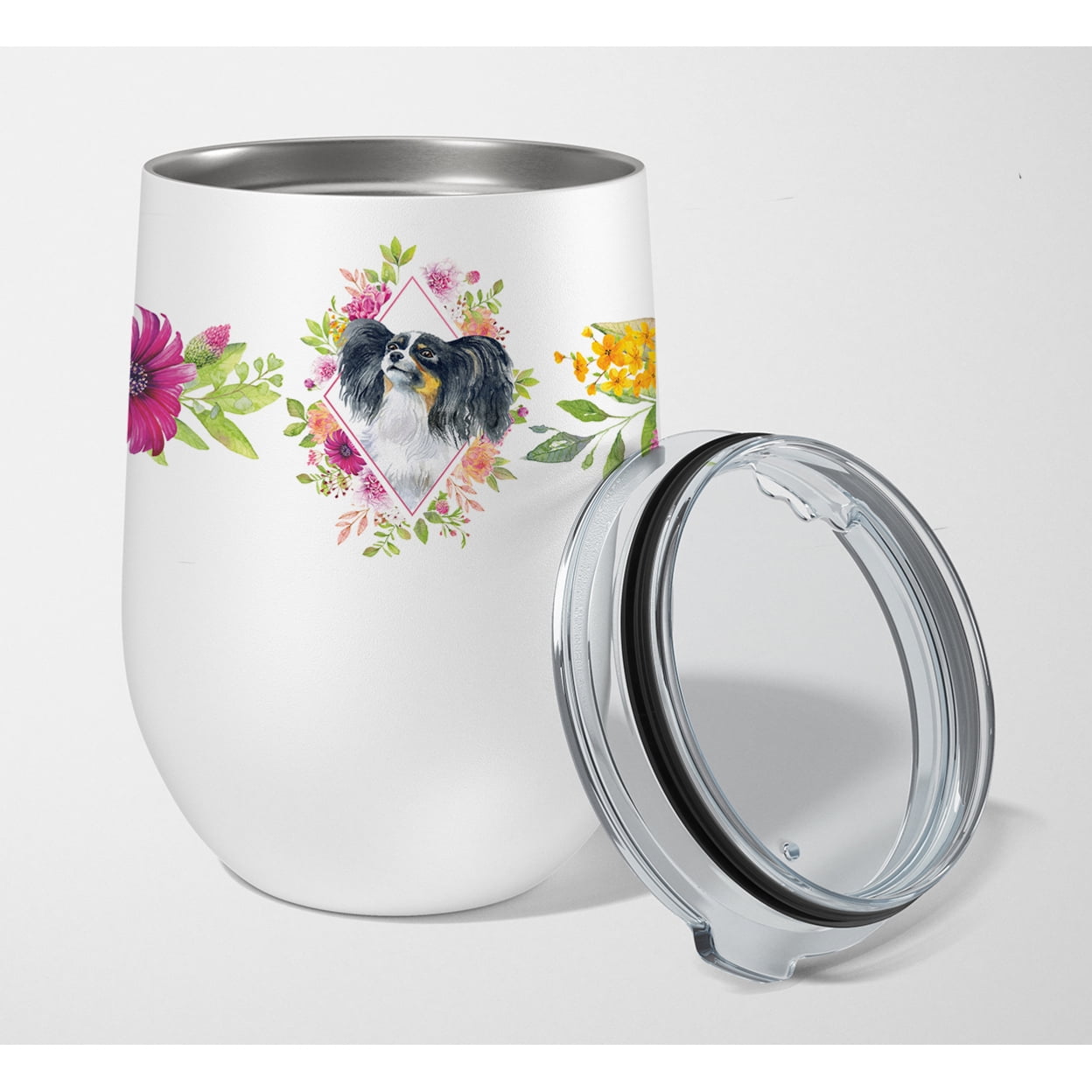 Picture of Carolines Treasures CK4165TBL12 12 oz Papillon Pink Flowers Stainless Steel Stemless Wine Glass