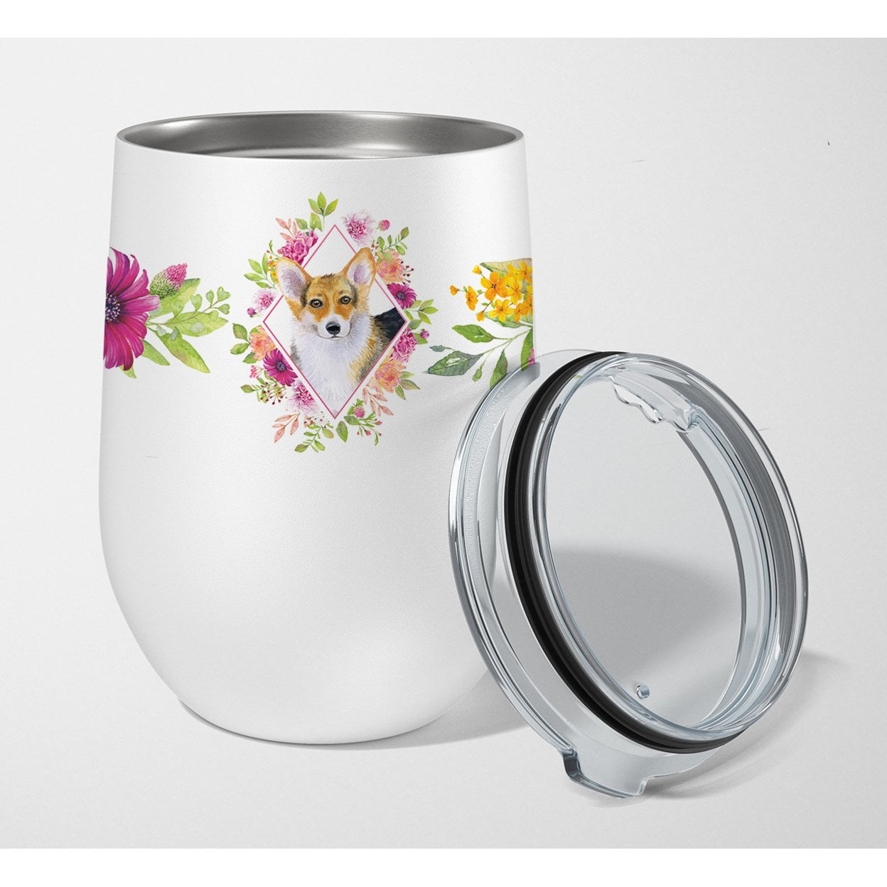 Picture of Carolines Treasures CK4167TBL12 12 oz Corgi Pink Flowers Stainless Steel Stemless Wine Glass