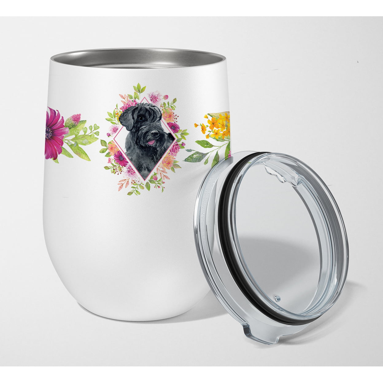 Picture of Carolines Treasures CK4178TBL12 12 oz Giant Schnauzer Pink Flowers Stainless Steel Stemless Wine Glass