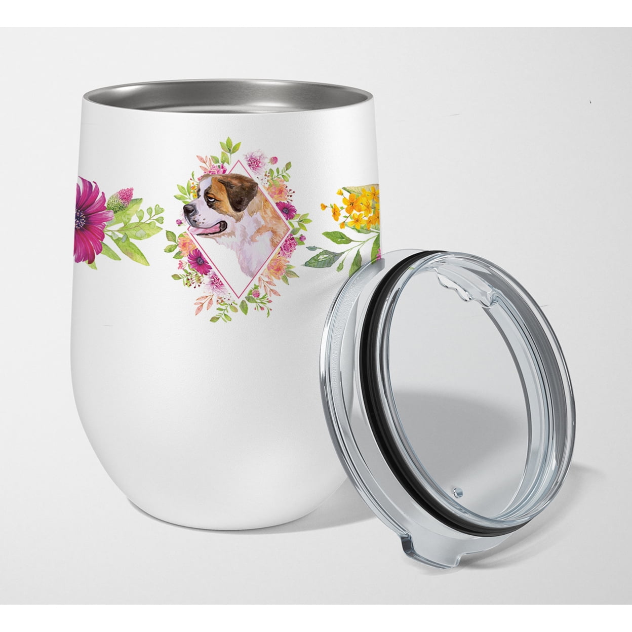 Picture of Carolines Treasures CK4186TBL12 12 oz Saint Bernard No.1 Pink Flowers Stainless Steel Stemless Wine Glass