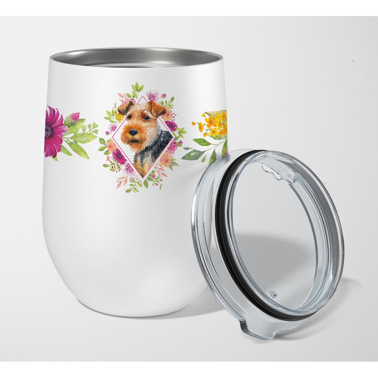 Picture of Carolines Treasures CK4192TBL12 12 oz Welsh Terrier Pink Flowers Stainless Steel Stemless Wine Glass