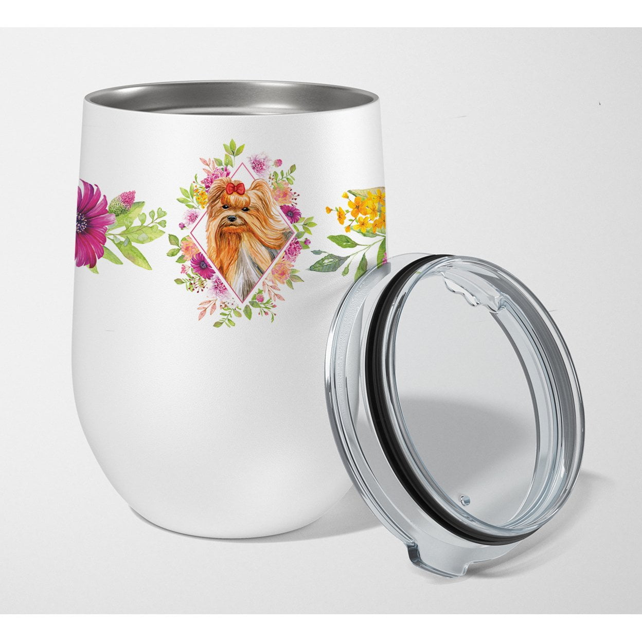 Picture of Carolines Treasures CK4195TBL12 12 oz Yorkshire Terrier No.2 Pink Flowers Stainless Steel Stemless Wine Glass