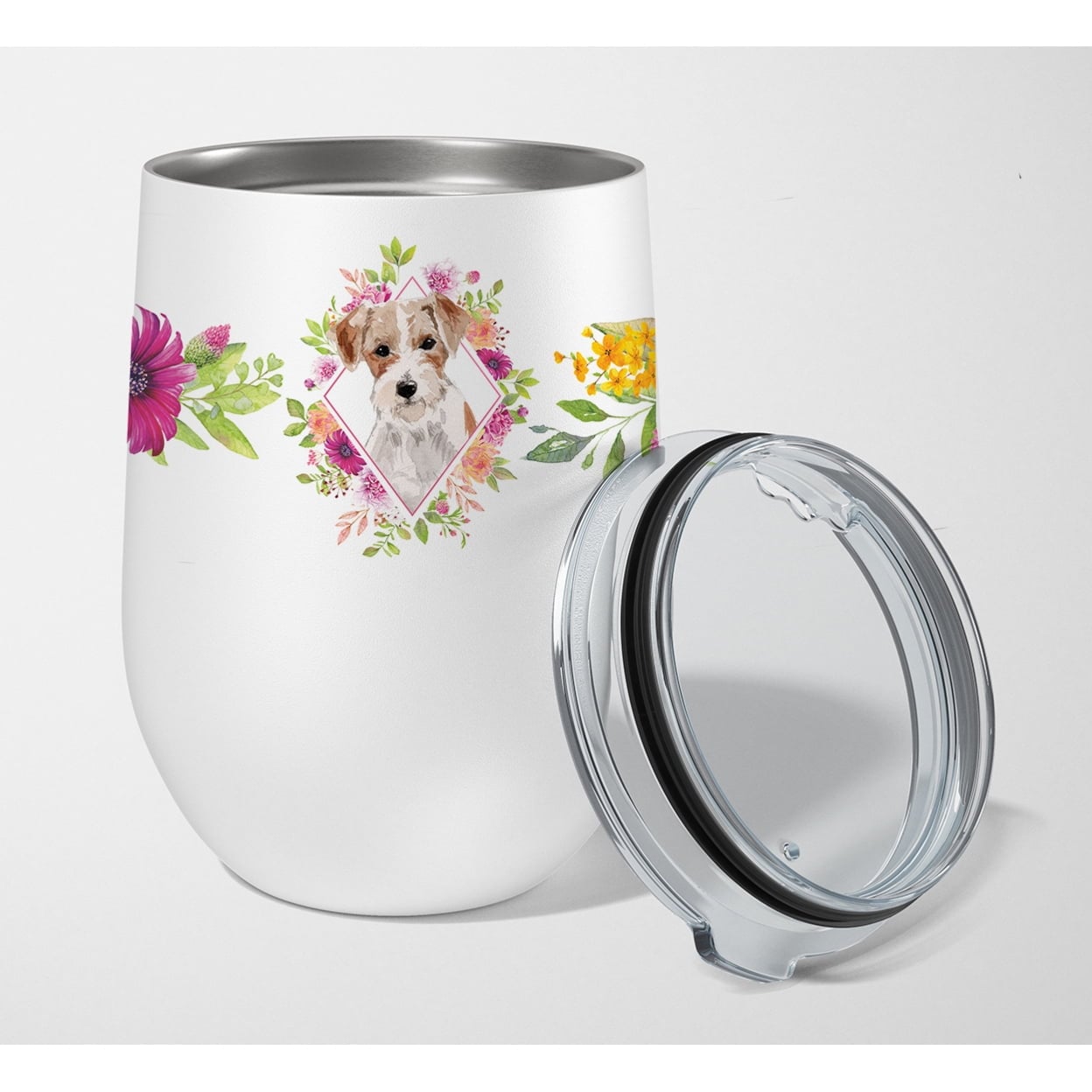 Picture of Carolines Treasures CK4198TBL12 12 oz Jack Russell Terrier Pink Flowers Stainless Steel Stemless Wine Glass