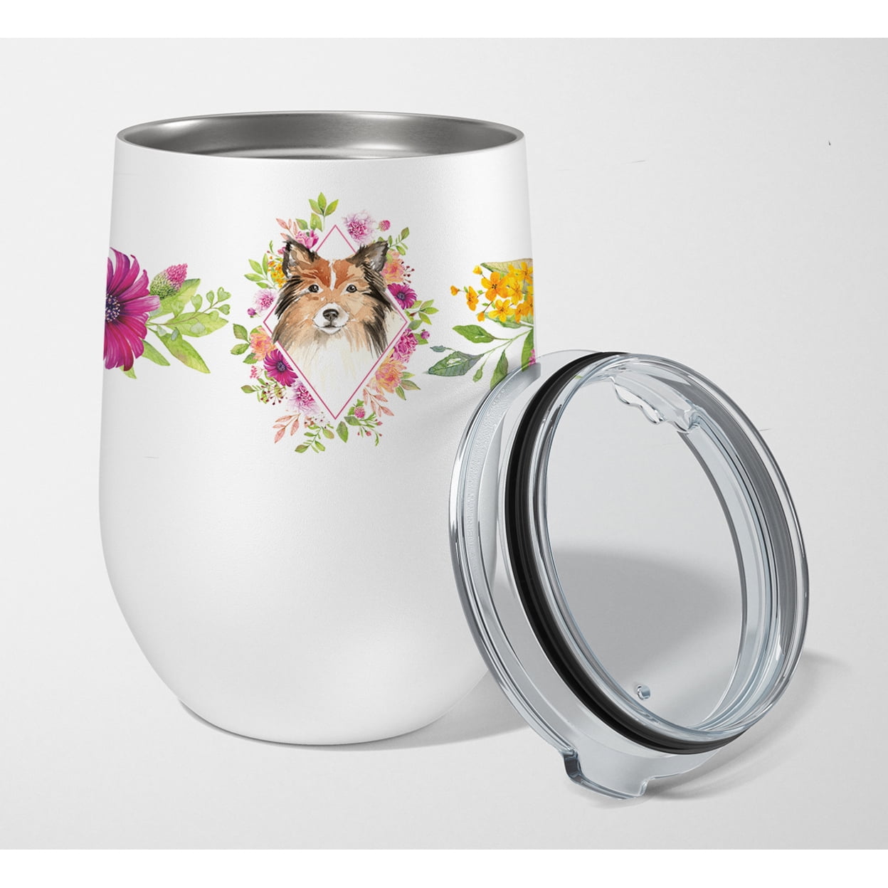Picture of Carolines Treasures CK4213TBL12 12 oz Sheltie Pink Flowers Stainless Steel Stemless Wine Glass