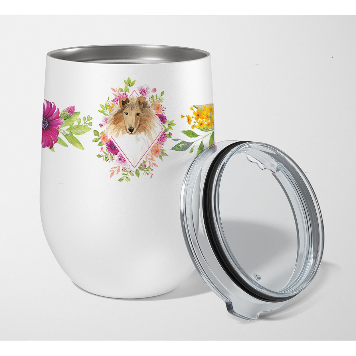 Picture of Carolines Treasures CK4216TBL12 12 oz Collie Pink Flowers Stainless Steel Stemless Wine Glass