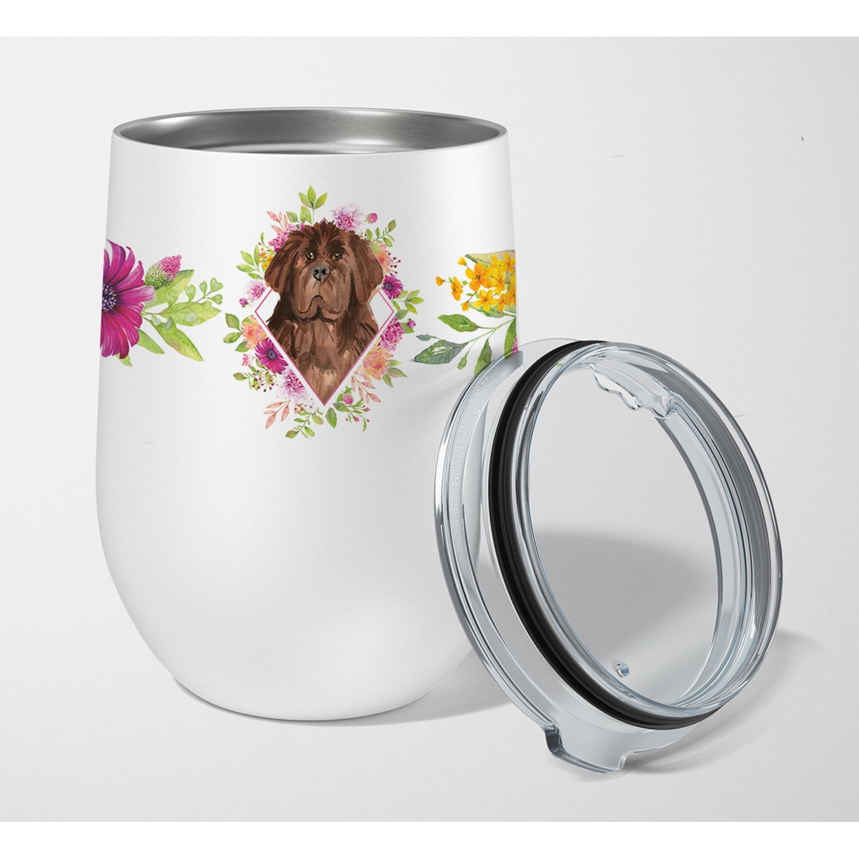 Picture of Carolines Treasures CK4221TBL12 12 oz Newfoundland Pink Flowers Stainless Steel Stemless Wine Glass