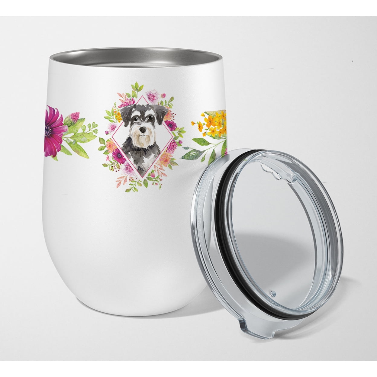 Picture of Carolines Treasures CK4222TBL12 12 oz Schnauzer No.2 Pink Flowers Stainless Steel Stemless Wine Glass
