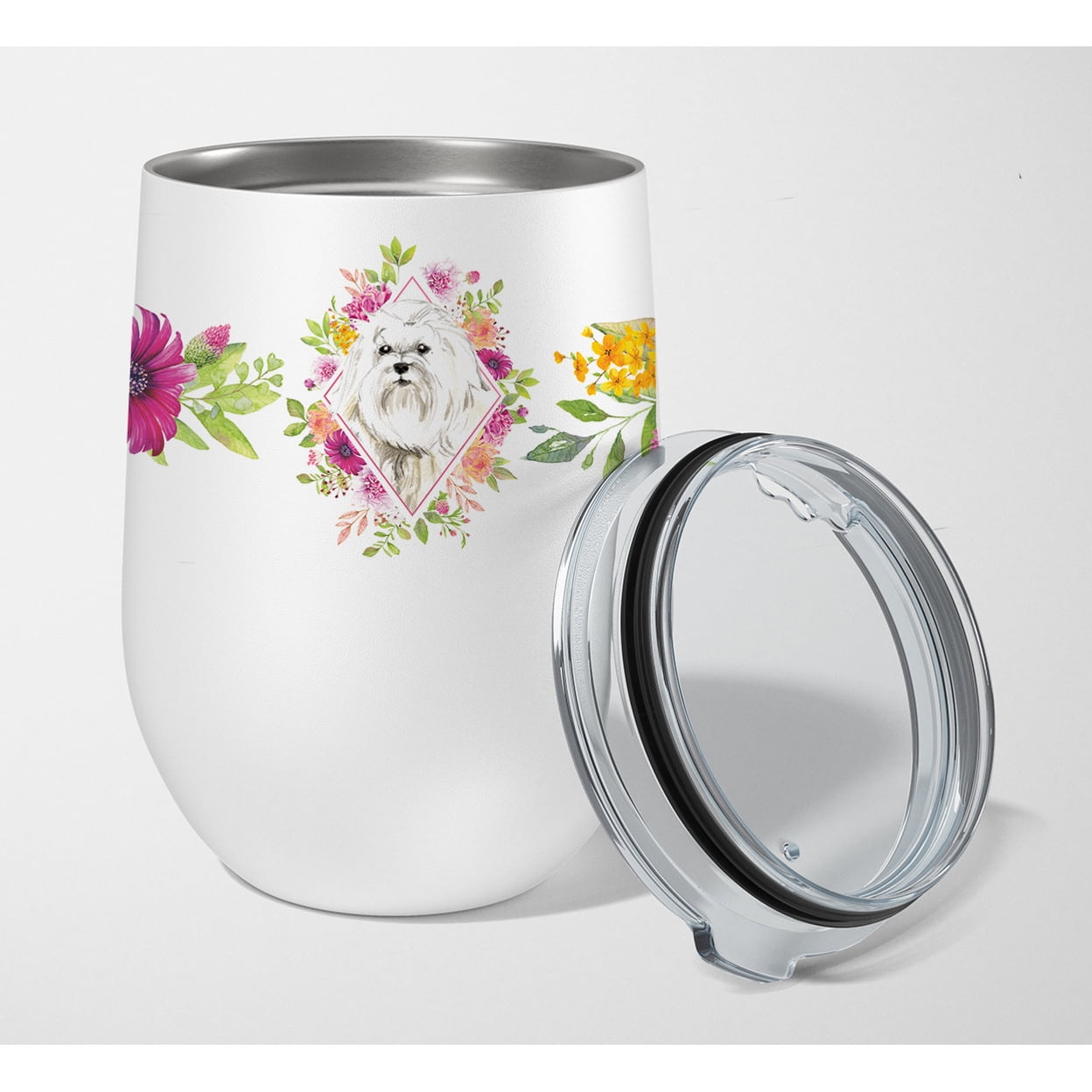 Picture of Carolines Treasures CK4223TBL12 12 oz Maltese Pink Flowers Stainless Steel Stemless Wine Glass