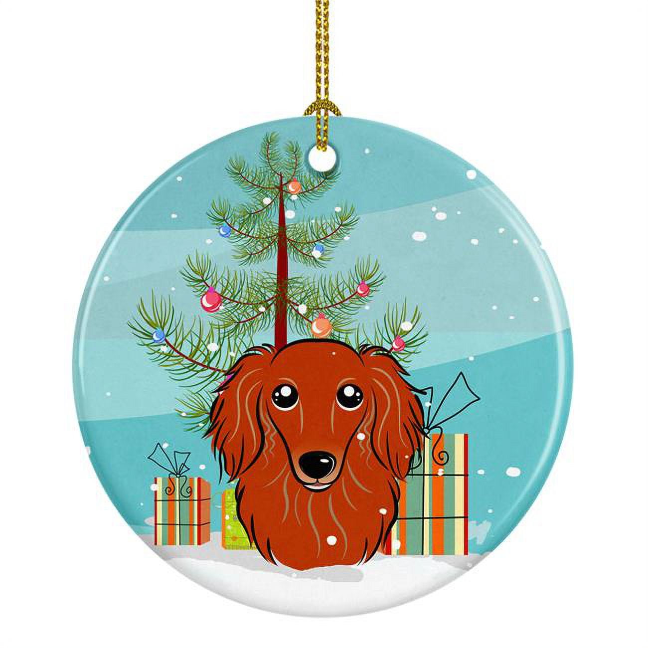 Christmas Tree & Longhair Red Dachshund Ceramic Ornament