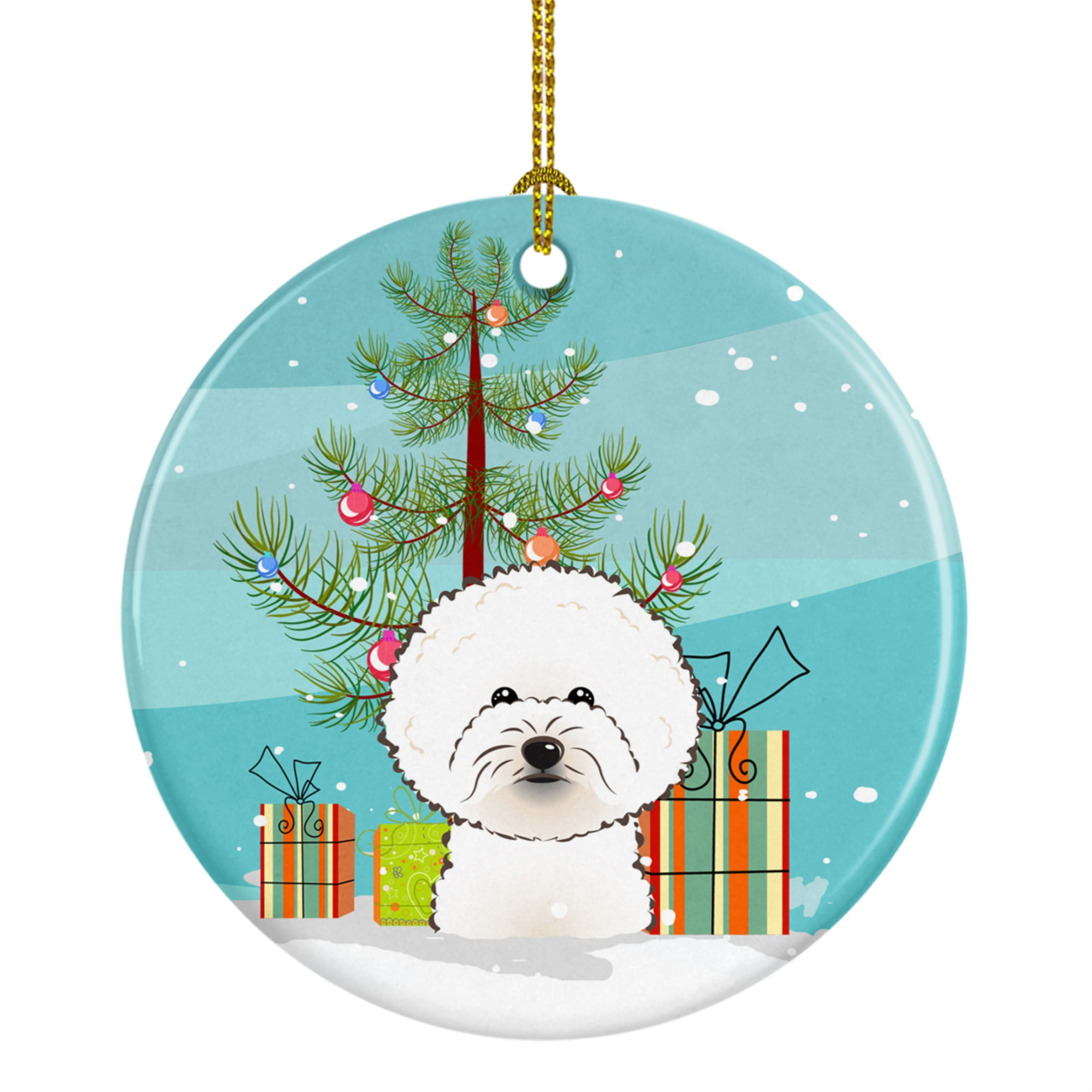 Christmas Tree & Bichon Frise Ceramic Ornament