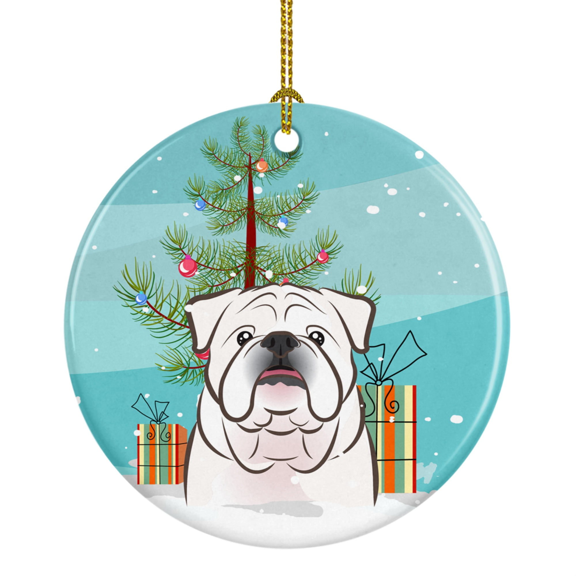 Christmas Tree & White English Bulldog Ceramic Ornament