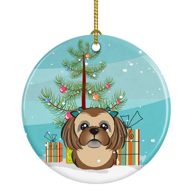 Christmas Tree & Chocolate Brown Shih Tzu Ceramic Ornament