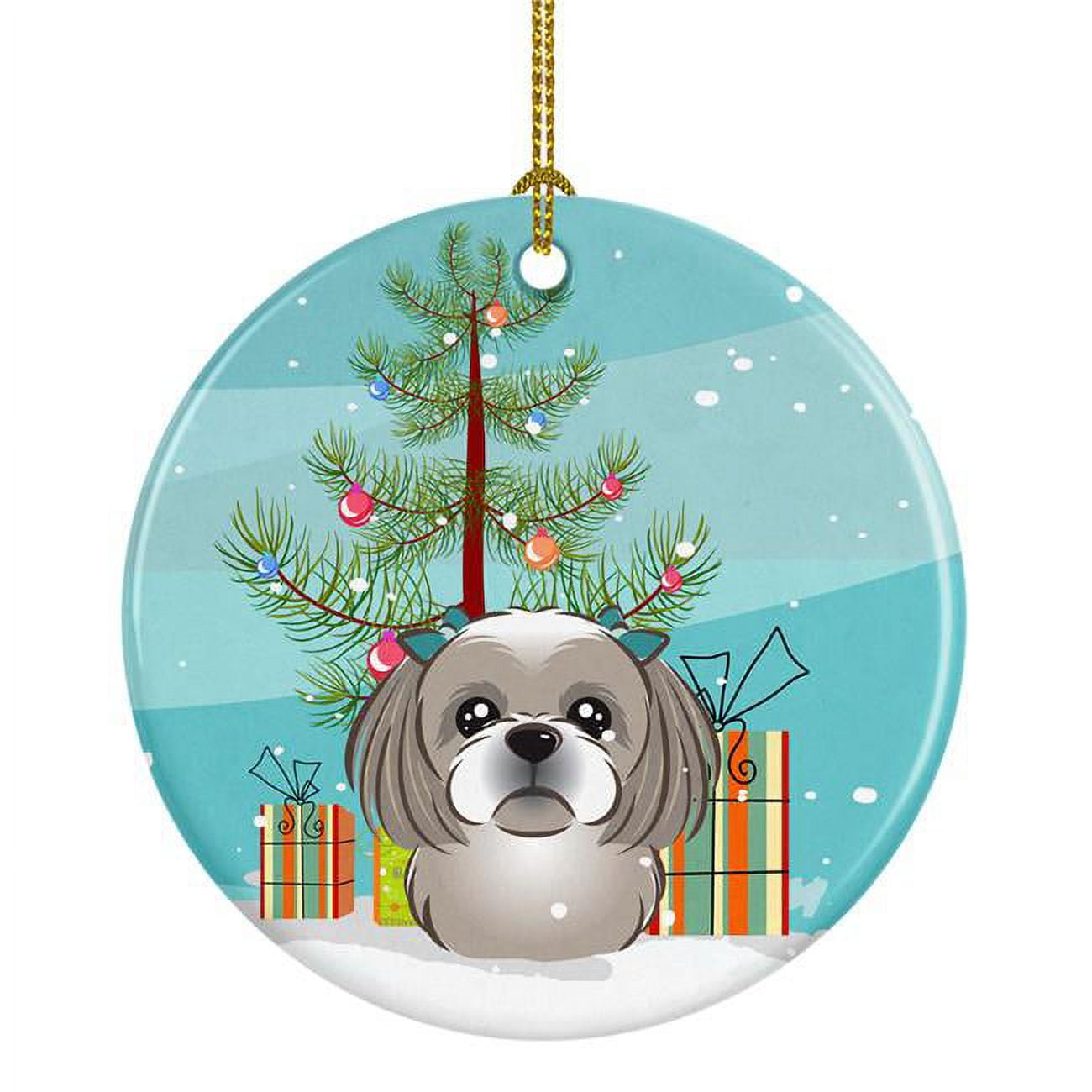Christmas Tree & Gray Silver Shih Tzu Ceramic Ornament