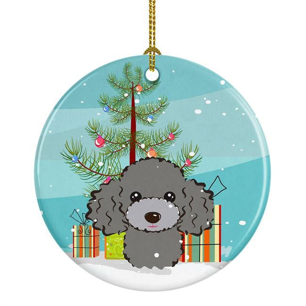 Christmas Tree & Silver Gray Poodle Ceramic Ornament