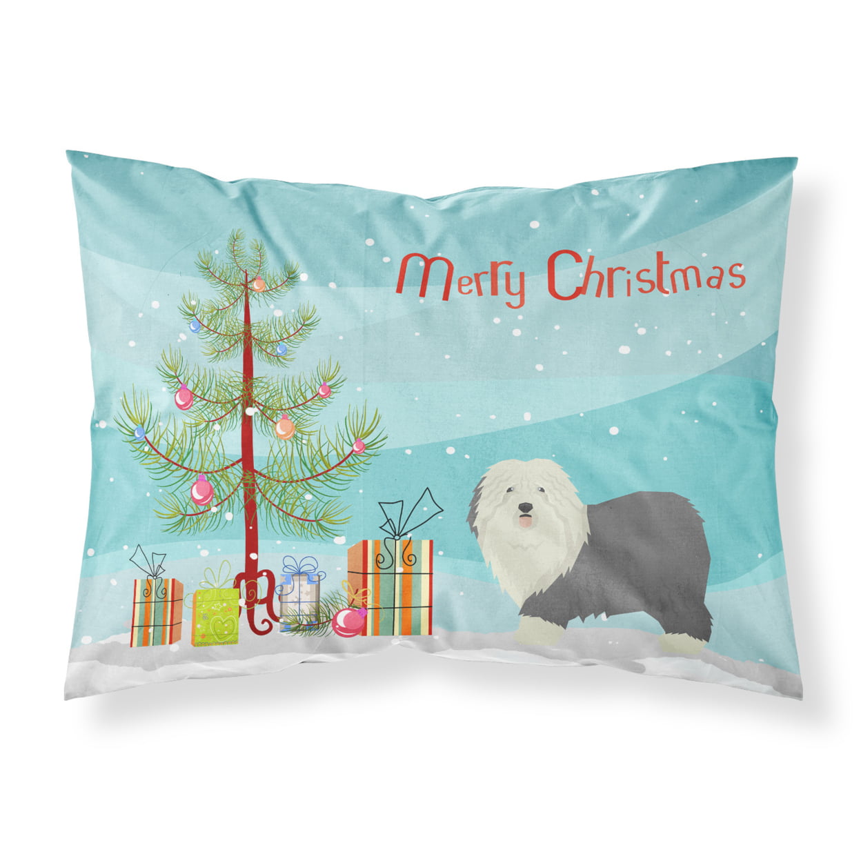CK3552PILLOWCASE Old English Sheepdog Christmas Tree Fabric Standard Pillowcase