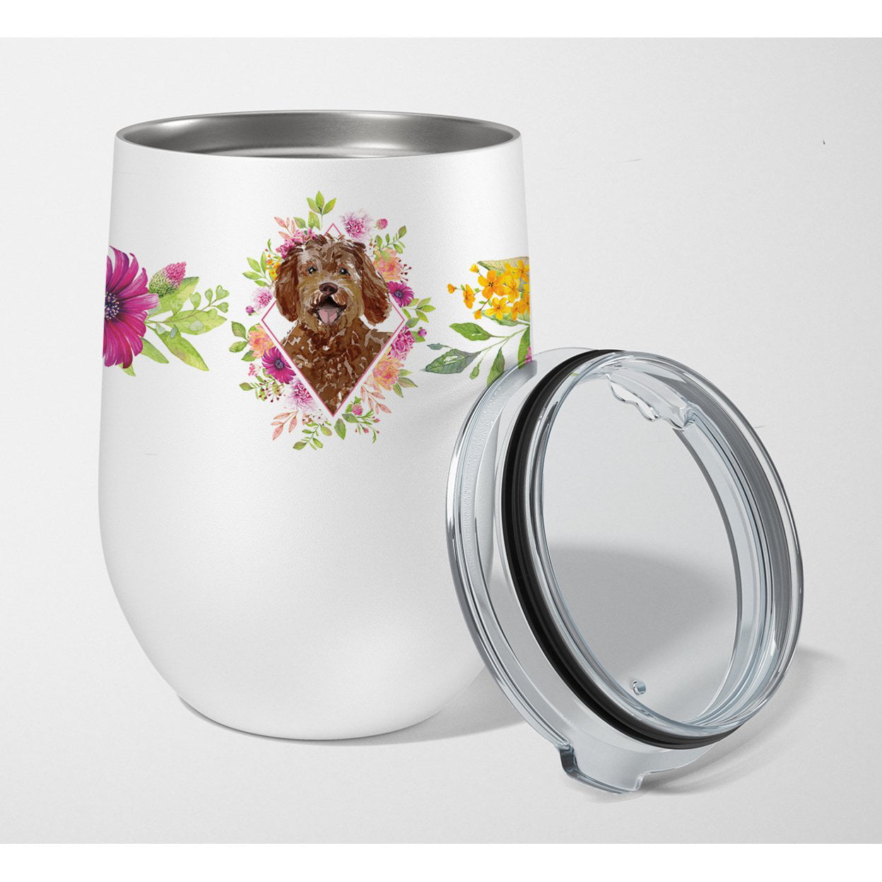 Picture of Carolines Treasures CK4228TBL12 12 oz Labradoodle Pink Flowers Stainless Steel Stemless Wine Glass
