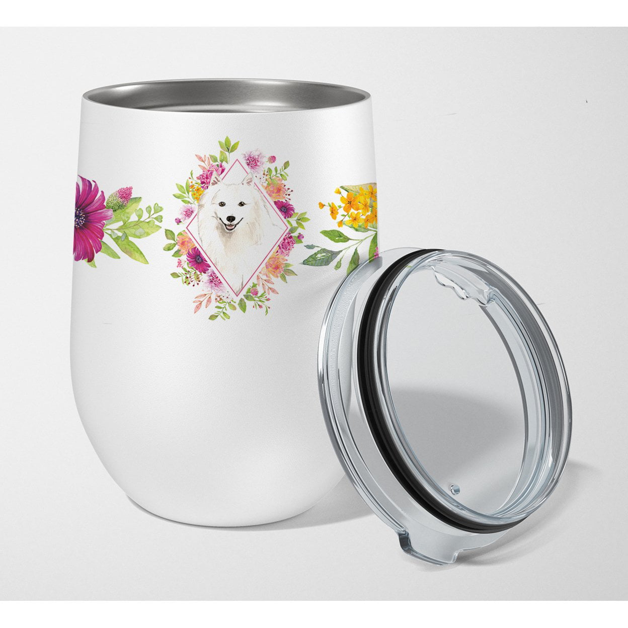 Picture of Carolines Treasures CK4229TBL12 12 oz Japanese Spitz Pink Flowers Stainless Steel Stemless Wine Glass