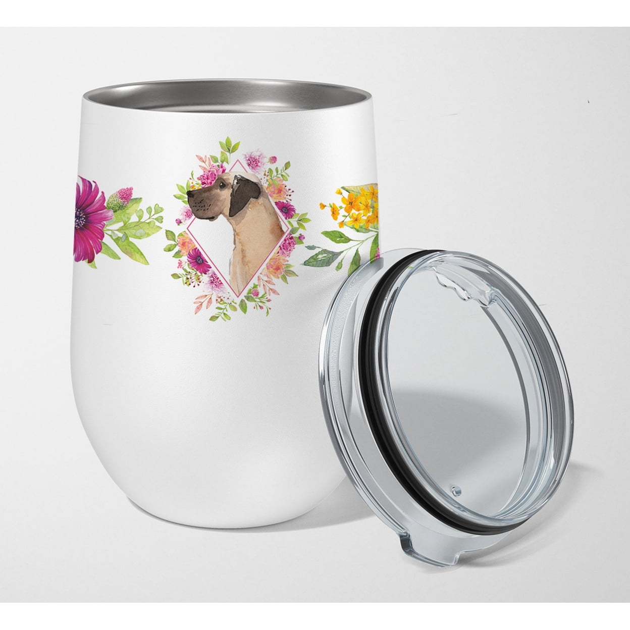 Picture of Carolines Treasures CK4234TBL12 12 oz Fawn Great Dane Pink Flowers Stainless Steel Stemless Wine Glass