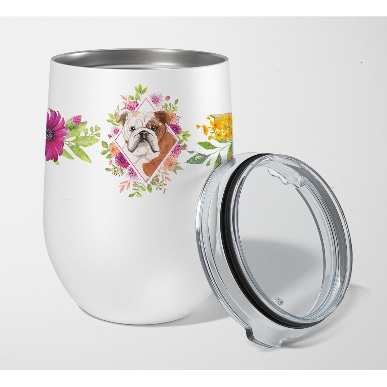 Picture of Carolines Treasures CK4240TBL12 12 oz English Bulldog Pink Flowers Stainless Steel Stemless Wine Glass