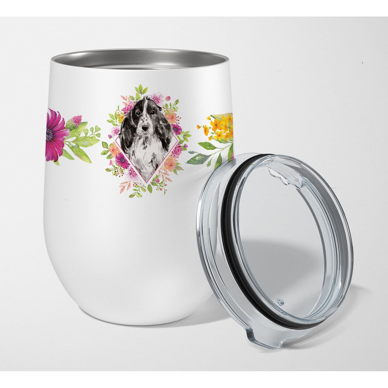 Picture of Carolines Treasures CK4244TBL12 12 oz Black Parti Cocker Spaniel Pink Flowers Stainless Steel Stemless Wine Glass