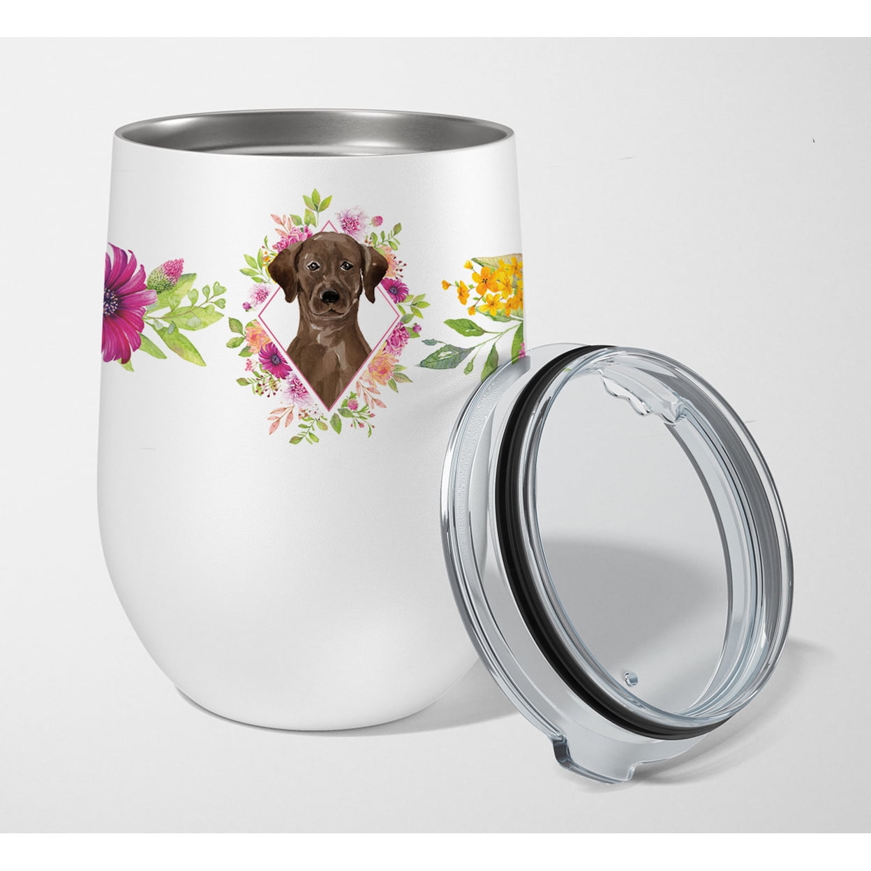 Picture of Carolines Treasures CK4251TBL12 12 oz Chocolate Labrador Pink Flowers Stainless Steel Stemless Wine Glass