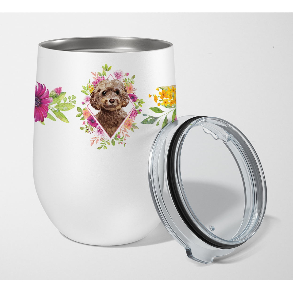 Picture of Carolines Treasures CK4253TBL12 12 oz Chocolate Cockapoo Pink Flowers Stainless Steel Stemless Wine Glass