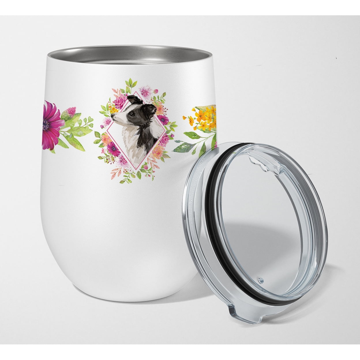 Picture of Carolines Treasures CK4258TBL12 12 oz Border Collie Pink Flowers Stainless Steel Stemless Wine Glass
