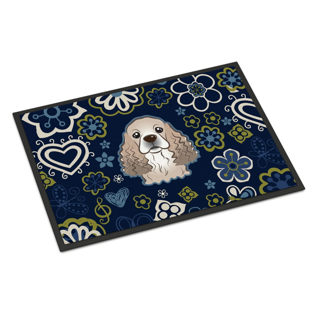 18 x 27 in. Blue Flowers Cocker Spaniel Indoor or Outdoor Mat