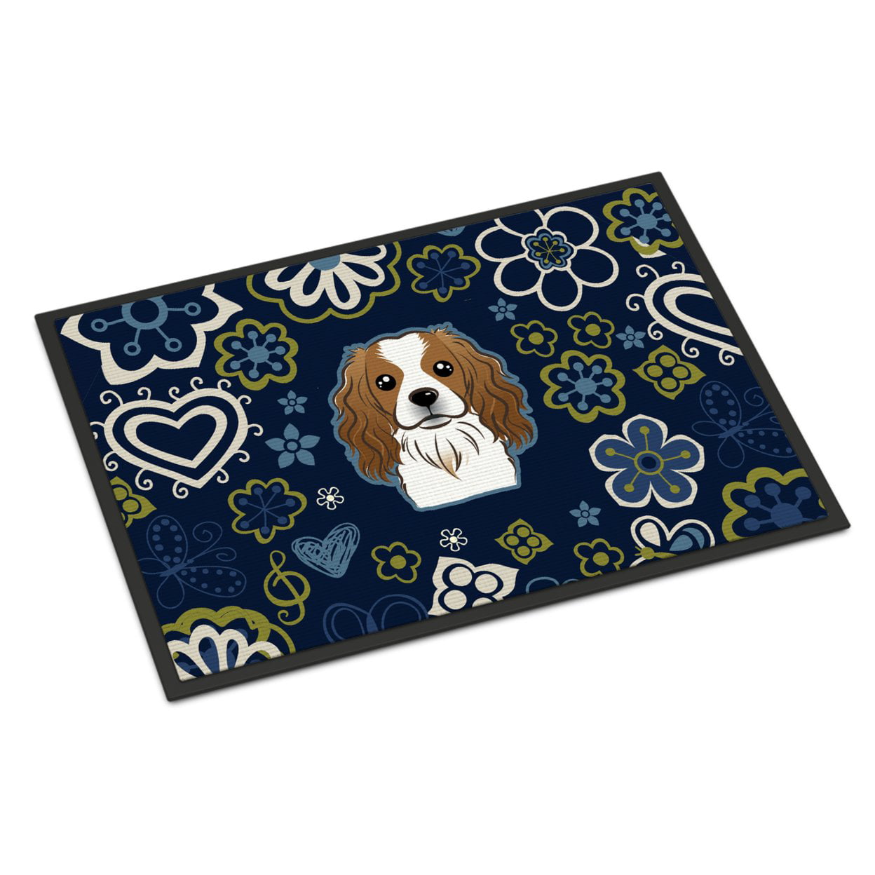 18 x 27 in. Blue Flowers Cavalier Spaniel Indoor or Outdoor Mat