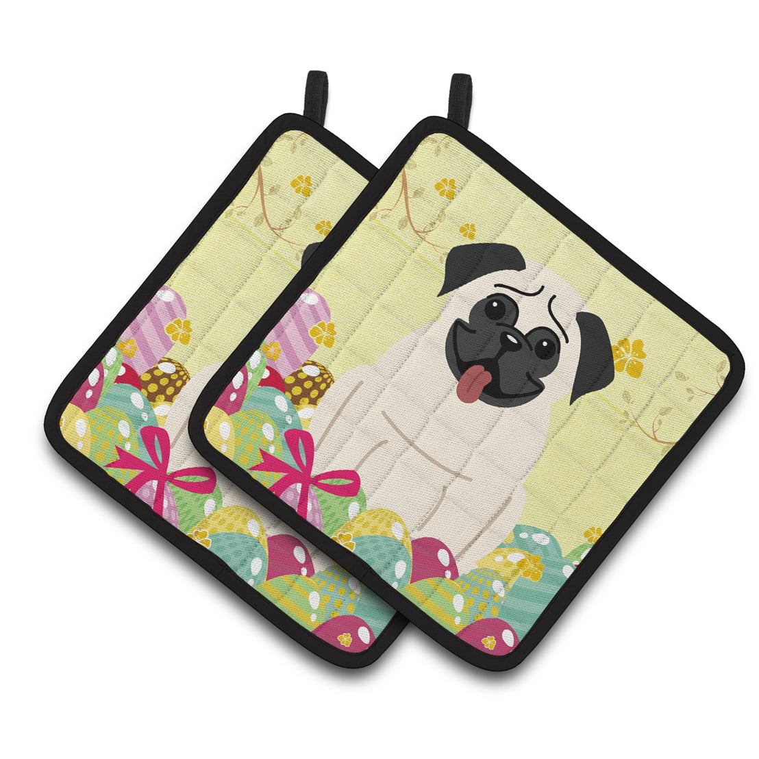 BB6004PTHD Easter Eggs Pug Cream Pair of Pot Holders