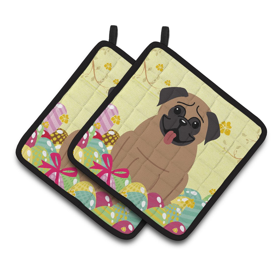 Easter Eggs Pug Brown Pair of Pot Holders