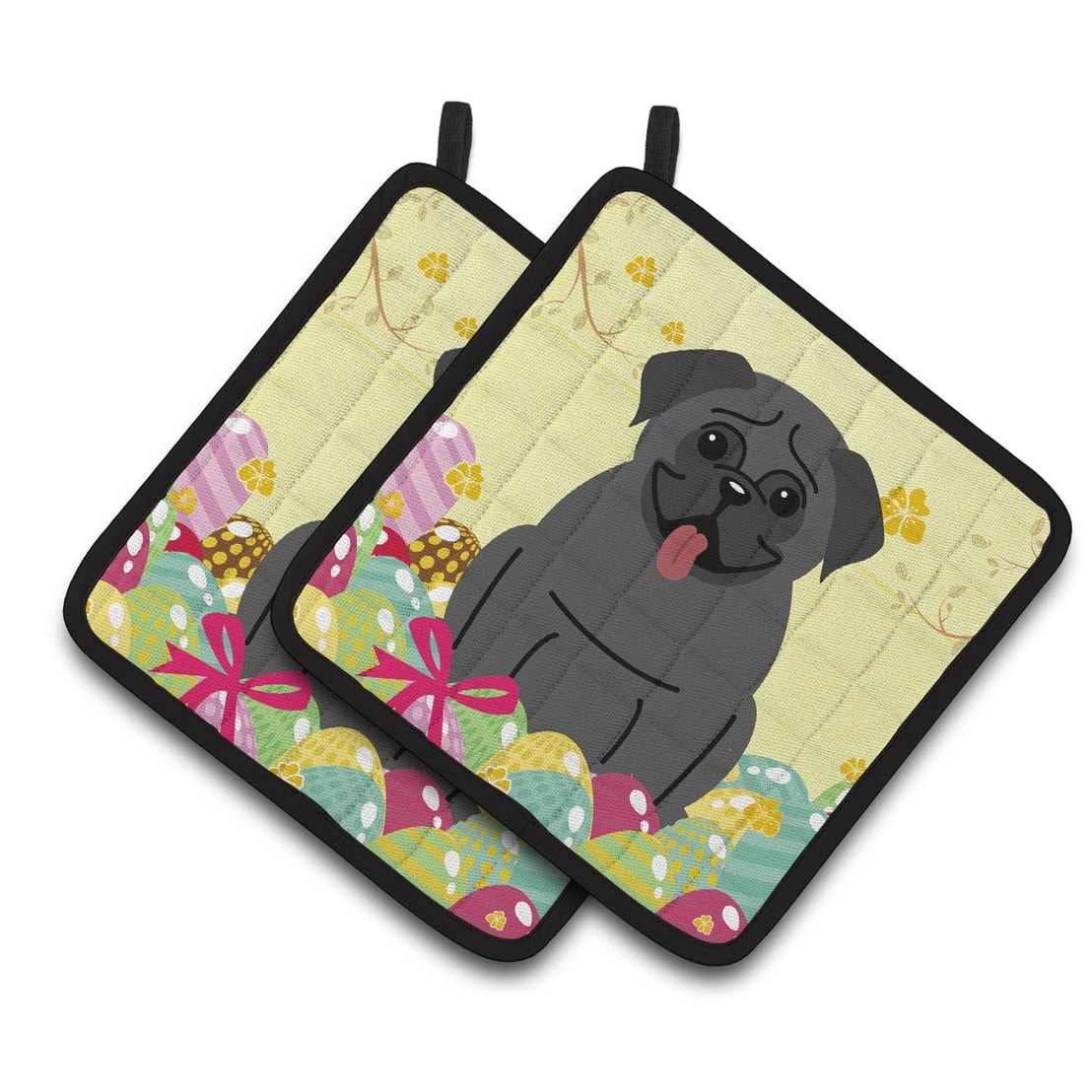BB6006PTHD Easter Eggs Pug Black Pair of Pot Holders