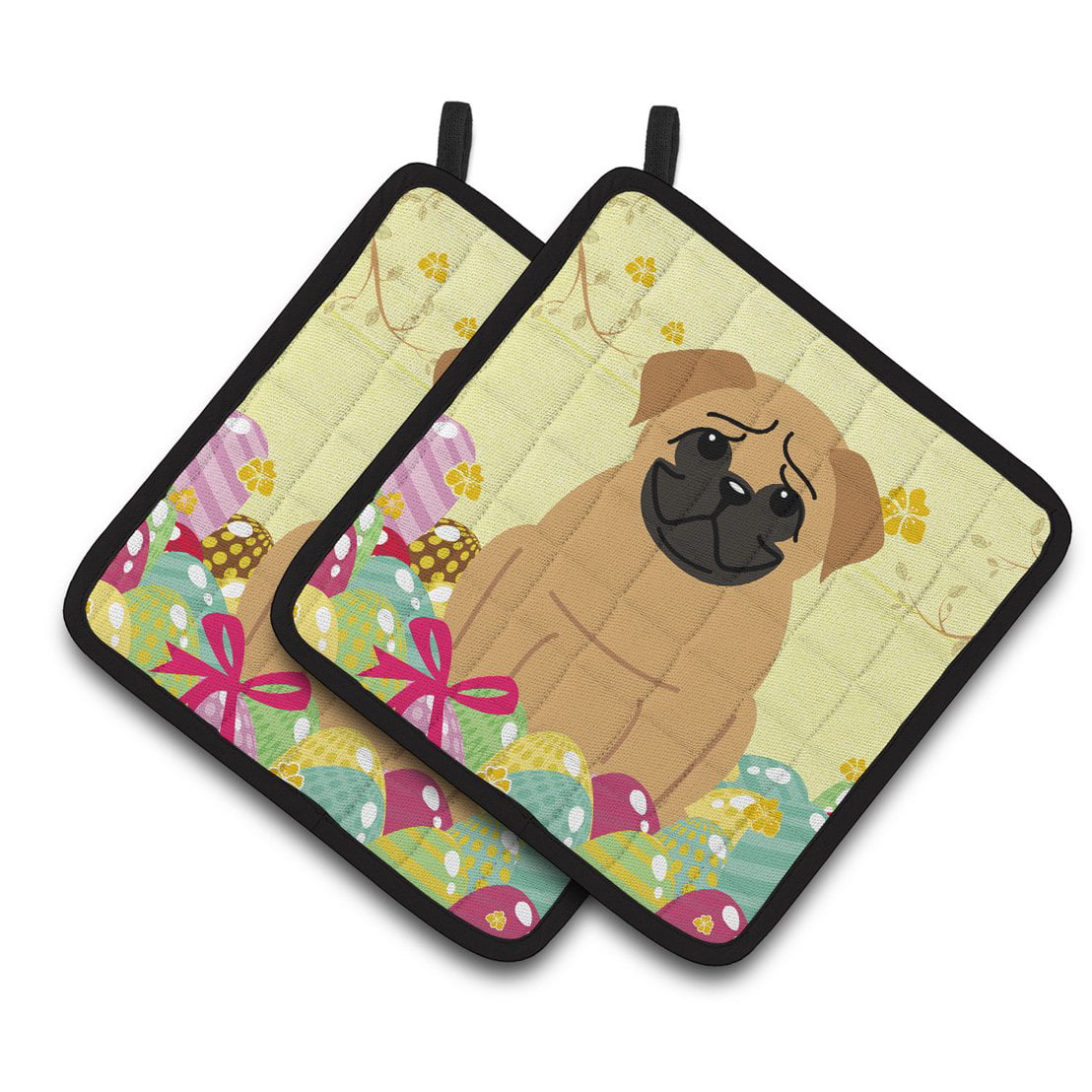 BB6007PTHD Easter Eggs Pug Brown Pair of Pot Holders
