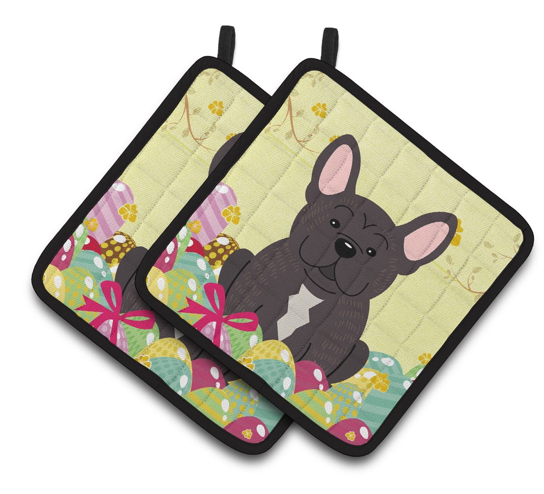 BB6009PTHD Easter Eggs French Bulldog Brindle Pair of Pot Holders