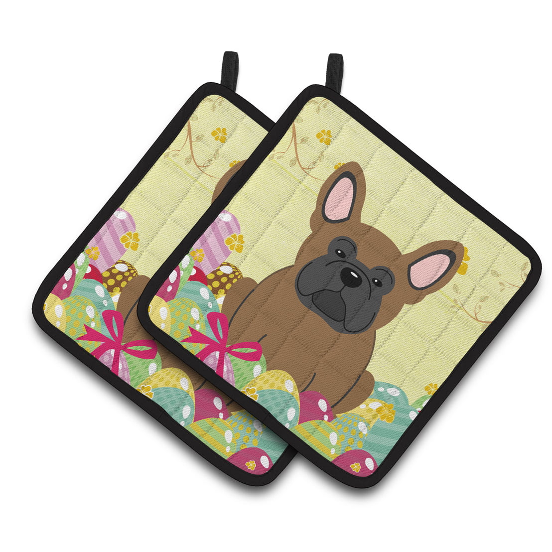 BB6013PTHD Easter Eggs French Bulldog Brown Pair of Pot Holders