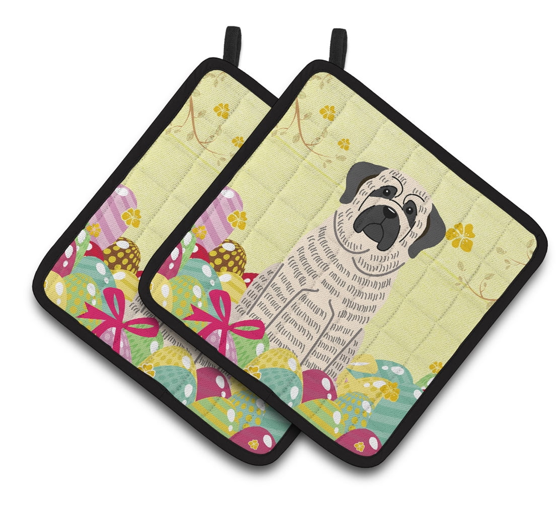 Easter Eggs Mastiff Brindle White Pair of Pot Holders