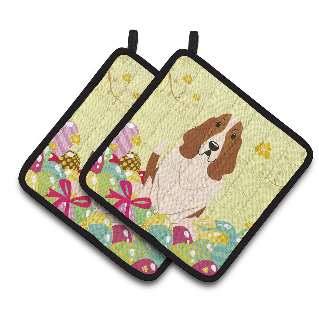BB6021PTHD Easter Eggs Basset Hound Pair of Pot Holders